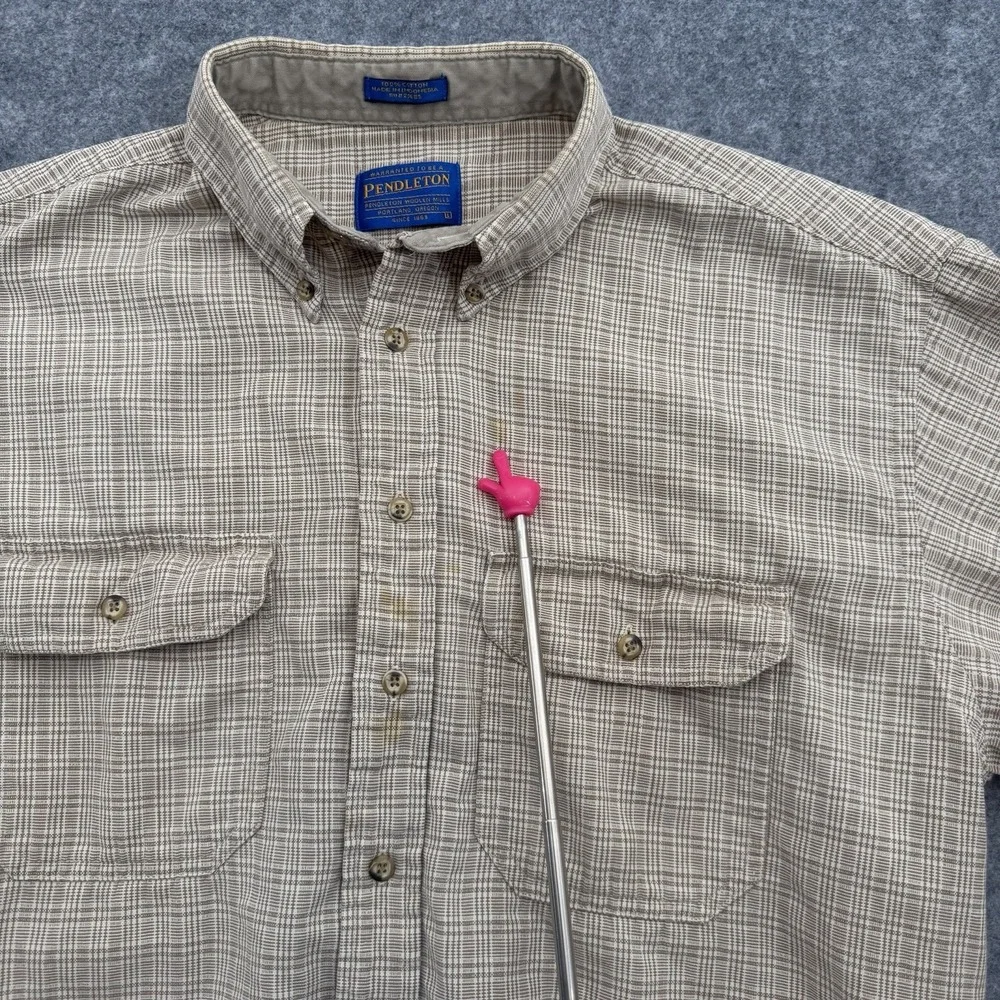 Pendleton Mens L Beige Plaid Cotton Button Down Shirt Dual Pocket Indonesia